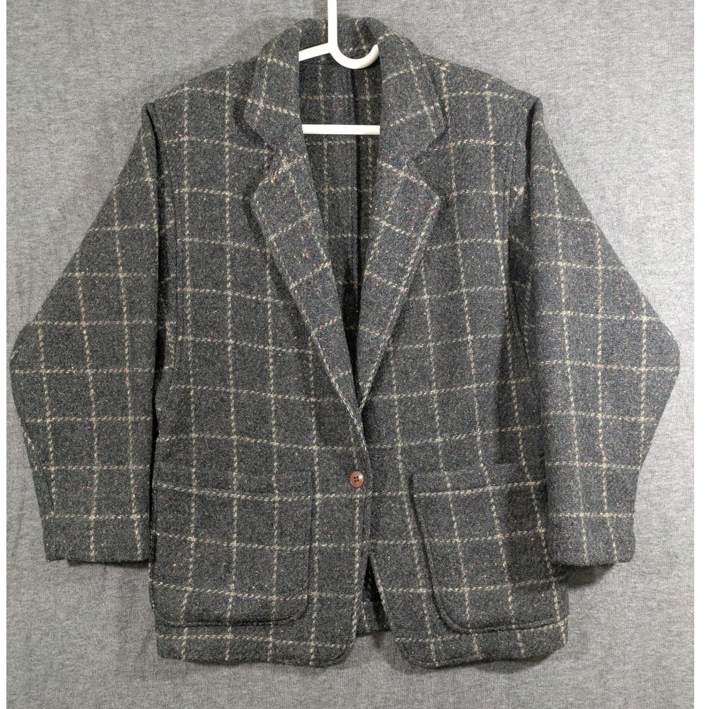 Vintage Finity 100% Wool Windowpane Plaid Blazer Grey Confetti Tweed Jacket Sz 4